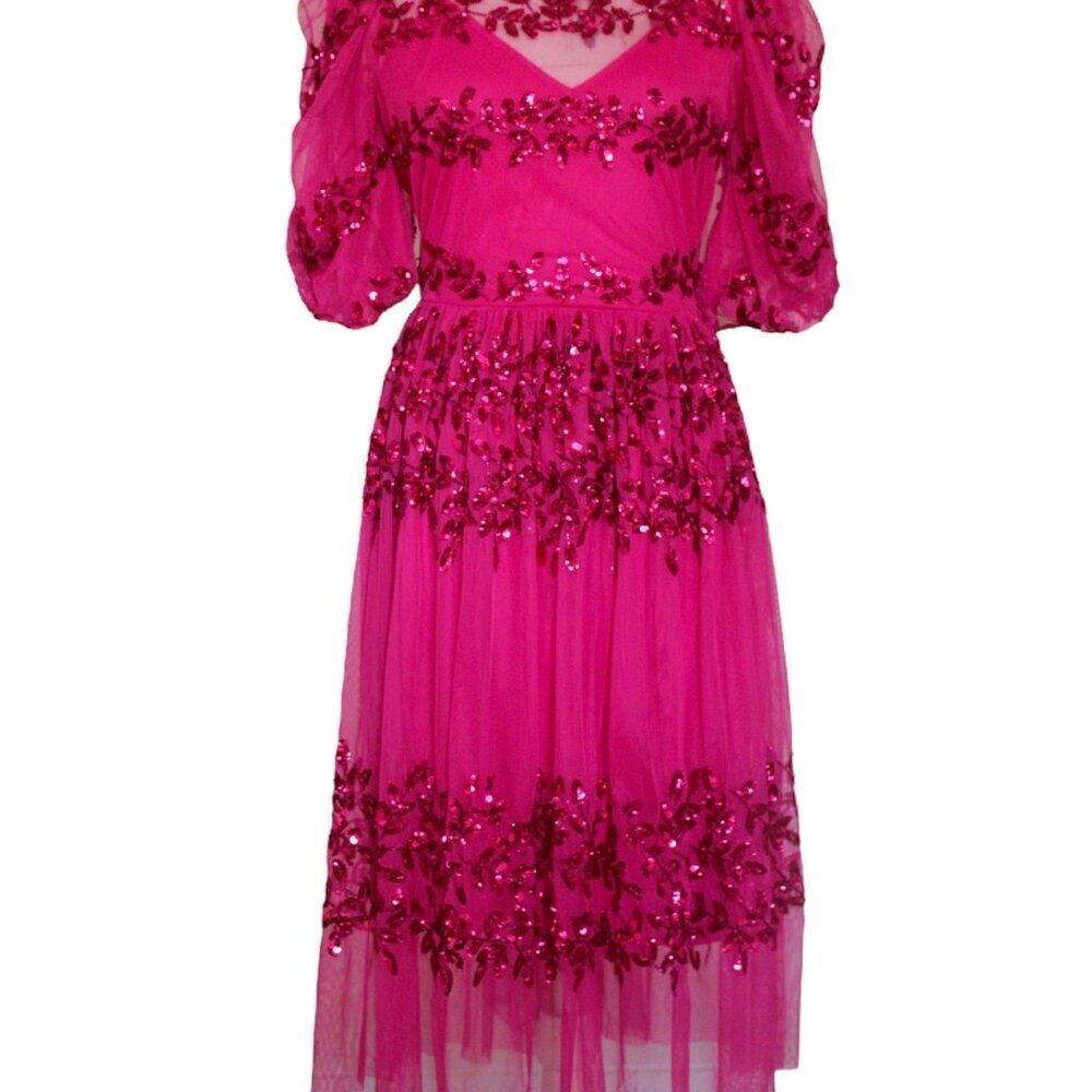 Sequin Hot Pink Midi Spring Dress - Picture 3 of 6